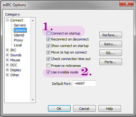 4 Optional Steps: 1. If you wish for mIRC to automatically connect to Cuff-Link when you start mIRC, then check the “Connect on startup” box. 2. Cuff-Link automatically adds mode +i [invisible] to users on startup, and it is locked, which means you cannot set it or remove it. You can uncheck this box if you no longer wish to see the “Permission Denied - user mode i has been locked by the administrator” notice on startup.[/caption]4. Once the Perform… dilaogue is open, check the box that says “Enable perform on connect”, and then click on “Add”. Make sure “All Networks” is selected in the drop down to the left.