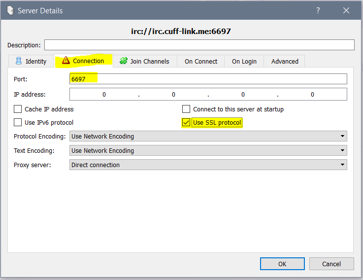 kvirc-4-port Click on Connection, and if you want to use SSL to connect, then change the Port: to 6697 and check Use SSL Protocol.