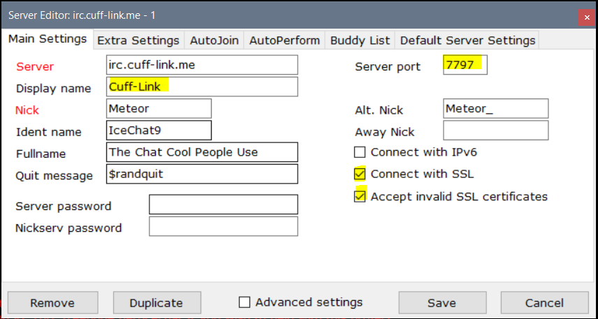 Main Settings for this server using bypass