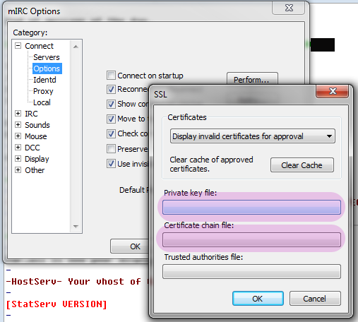 Navigate to the .pem file from both “Private key file:” and “Certificate chain file:”. The same file is loaded into both places.