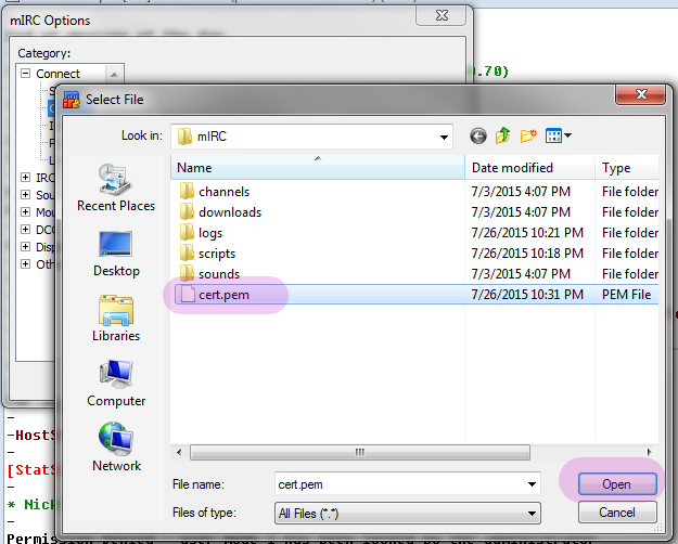 Choose your .pem file (whatever you name it to. It doesn’t matter what the name is in mIRC) for both locations.