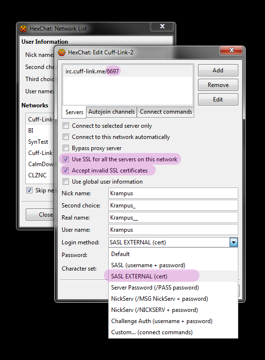 Make sure your account name [this is your NickServ account] is in the “User Name” field, then select SASL External (cert) from the Login method dropdown.