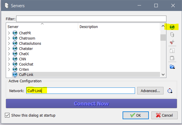 kvirc-1-newnetwork To add a new network, click the globe icon on the right, and then type in the name in Network: and it will automatically alphabetize.