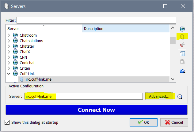 kvirc-2-newserver Next click the second icon on the right to add a server to the Network, with Server: irc.cuff-link.me and then click Advanced to proceed to filling in the specifics.