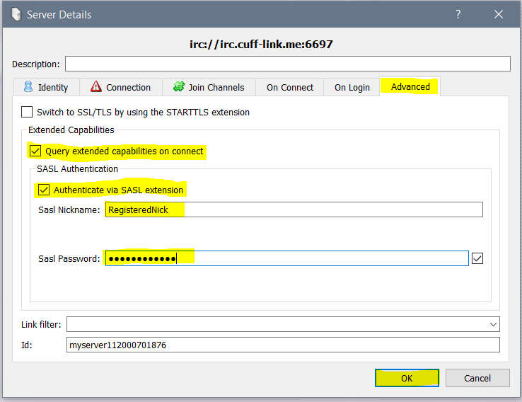 kvirc-5-sasl In order to use SASL, check the Query extended capabilities on connect, and then check Authenticate via SASL extension. The SASL Nickname must be a registered nick, and the password is the same as nickserv, then click OK to save.